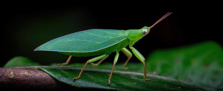 Isolated leaf insect from Phylliidae family set against a natural rainforest backdrop