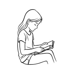 Dibujo minimalista con líneas de una niña sentada leyendo un libro, visto de perfil  © teracreonte