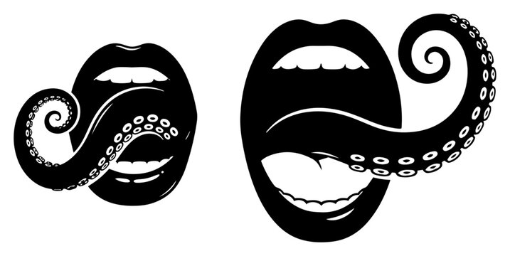 Human lips with long octopus tentacle coming out like a tongue minimalist vector style