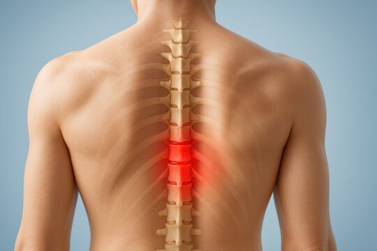 3D medical anatomical of upper and middle back showing thoracic osteochondrosis with degenerated mid-thoracic discs highlighted in red, realistic visualization illustrating spinal pain and stiffness