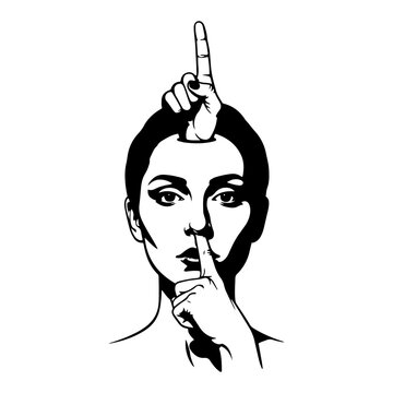 Woman face making shushing gesture with extra finger pointing up from head minimalist vector style