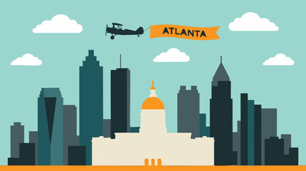 Atlanta City Skyline Flat Design with Georgia State Capitol and Biplane © Tahphoto