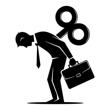 Exhausted businessman with wind up key on back carrying briefcase minimalist vector style