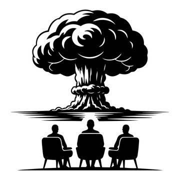 Three people sitting in armchairs watching giant nuclear mushroom cloud explosion minimalist vector style