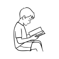 Dibujo minimalista con líneas de un niño sentado leyendo un libro, visto de perfil  © teracreonte