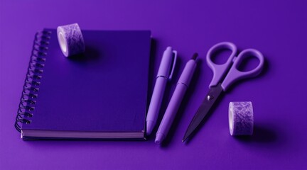 Purple notebook, pens, scissors, and decorative tape arranged neatly on a matching violet surface. Ideal for creative planning and organizing.