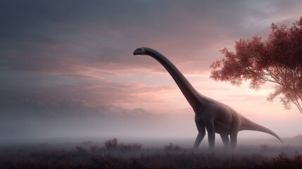 Fototapeta premium full length Brontosaurus dinosaur in beautiful misty landscape background