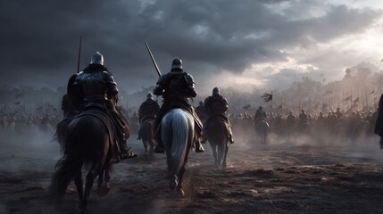 Naklejka premium medieval knights with swords riding horses on battlefield background