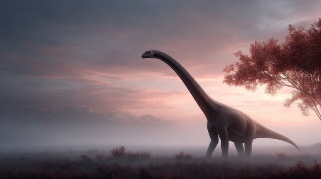full length Brontosaurus dinosaur in beautiful misty landscape background