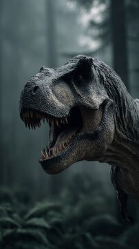close up of angry tyrannosaurus in misty forest