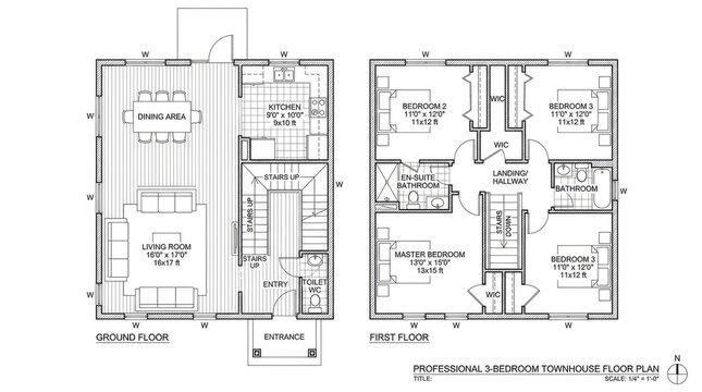 Detailed 3-bedroom townhouse floor plan with dimensions and room labels