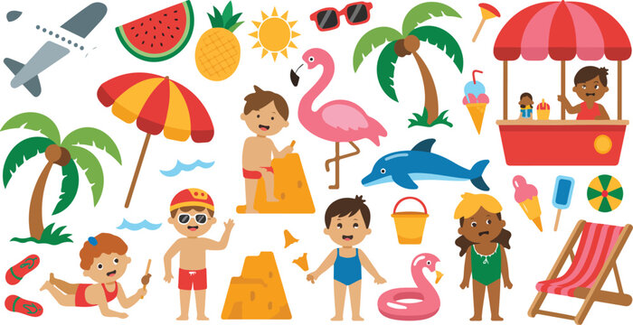 Big summer clipart vector set with beach vacation elements, kids activities palm trees airplane and sunglasses isolated on white background