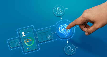 AI Recruitment Workflow Interface With Human Hand Selecting Candidate Through Smart Hiring Dashboard Featuring Resume Screening Match Score Analytics And Automated HR Review System