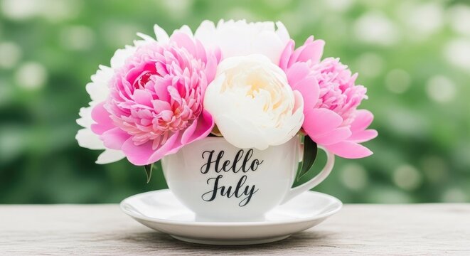Independence day floral arrangement peonies in a teacup for july celebrations