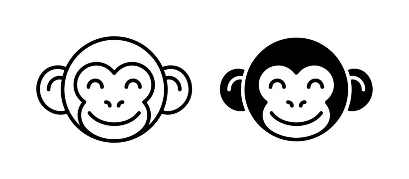 Two Monkey Faces Icons, Simple Line Art and Solid Black Fill, Cute Animal Graphics for Digital Use
