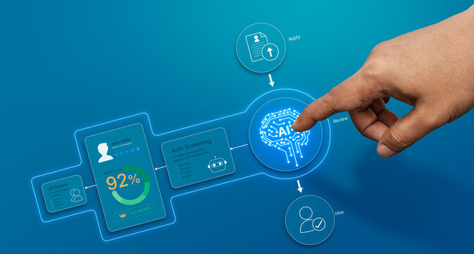 AI Recruitment Workflow Interface With Human Hand Selecting Candidate Through Smart Hiring Dashboard Featuring Resume Screening Match Score Analytics And Automated HR Review System