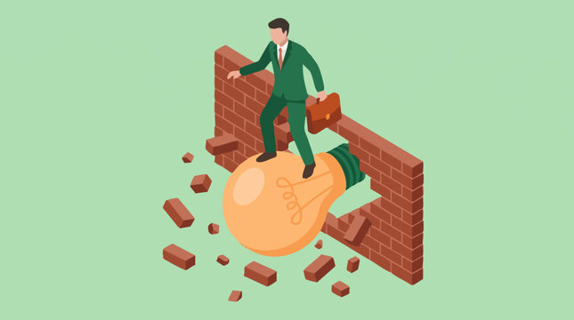 Businessman on light bulb breaking through brick wall, symbolizing innovation