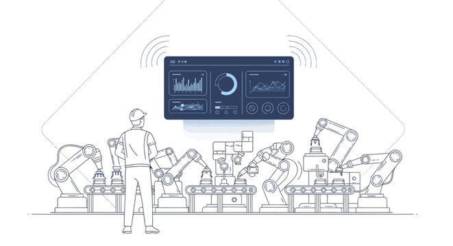 Line drawing of a man interacting with industrial robots and a control panel on a white background with a futuristic mood.
