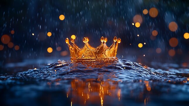 Golden Crown afloat in dark waters, illuminated by rain and shimmering lights
