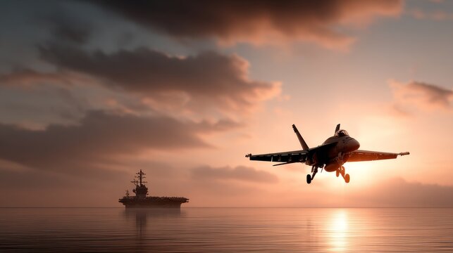 silhouette of fighter jet and an aircraft carrier in the sunset ocean background