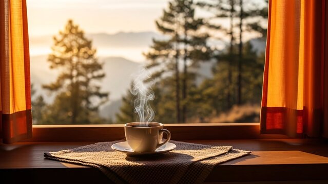 Cozy morning scene with steaming coffee cup on windowsill overlooking serene mountain forest landscape in warm sunlight perfect for relaxation and tranquility