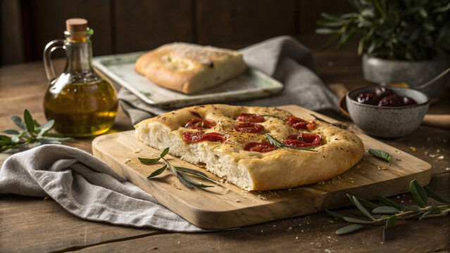 Photorealistic stuffed focaccia served on rustic board with olive oil soaked crumb, melted cheese and roasted tomato filling in warm bakery lighting