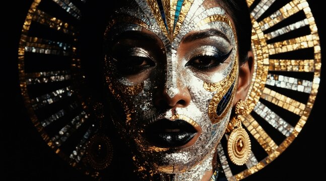 Woman with ornate gold and silver face mask. She wears a large circular headpiece and statement earrings. Her makeup is dramatic with dark lipstick.