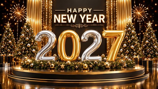 Premium 3D New Year 2027 Illustration with Black Gold Luxury Celebration Theme