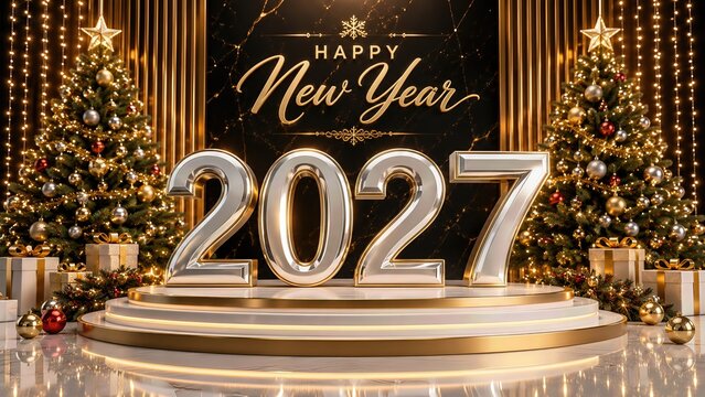 Premium 3D New Year 2027 Illustration with Black Gold Luxury Celebration Theme