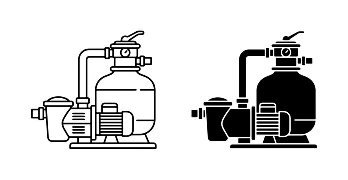 Pool Pump and Filter System Icons, Water Filtration Equipment, Swimming Pool Maintenance Gear, Clean Water Technology Set