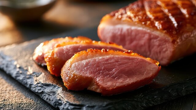 Appetizing seared duck breast slices, golden crispy skin and succulent pink meat, served on dark slate.