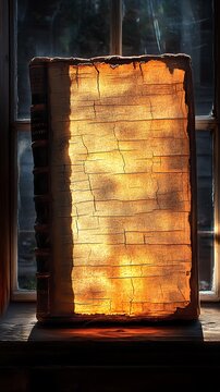 Illuminated antiquated tome on windowsill, casting a warm glow in the room
