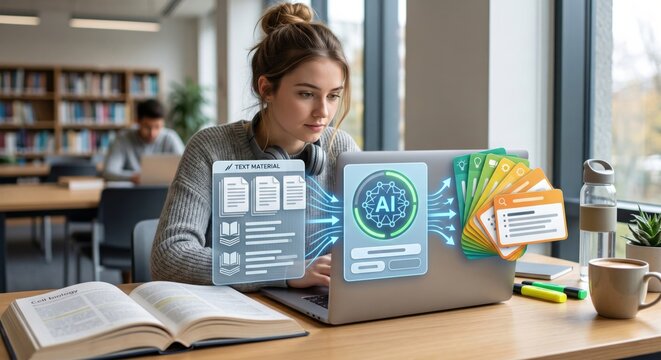 AI assistant converting book material into memory cards on laptop, creating a clear academic scene focused on learning efficiency and exam preparation.