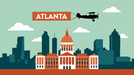 Atlanta city skyline with Georgia State Capitol building and biplane banner © Tahphoto