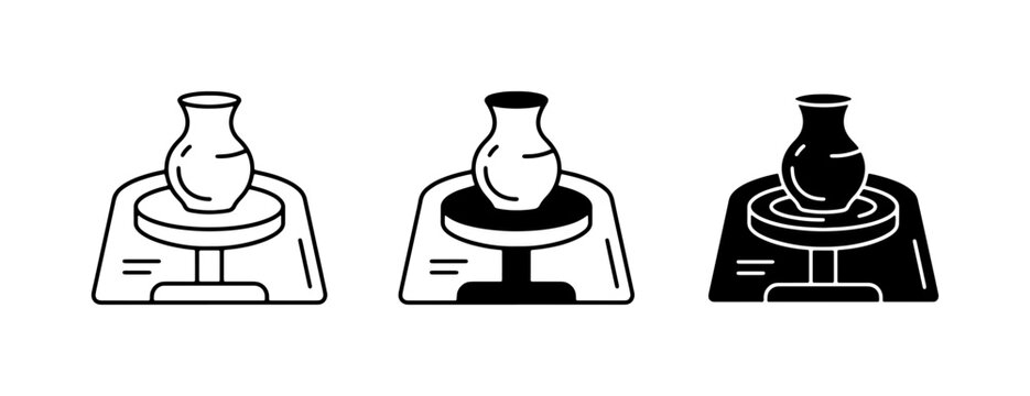 Pottery Wheel Icons, Ceramic Art Creation, Crafting Process, Handmade Vessels, Studio Equipment, Vector Set