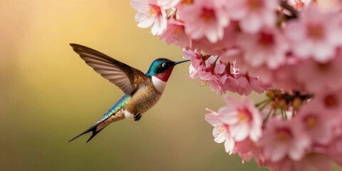 Obraz premium Small bird with colorful feathers drinks nectar from pink cherry blossoms. Hummingbird hovers near blooming tree in warm spring sunlight. Nature scene shows wildlife beauty.