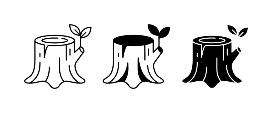 Tree Stump Icons Set, Forest Remnant Symbol, New Growth Sprout, Nature Silhouette, Wood Cut Symbol, Environmental Concept