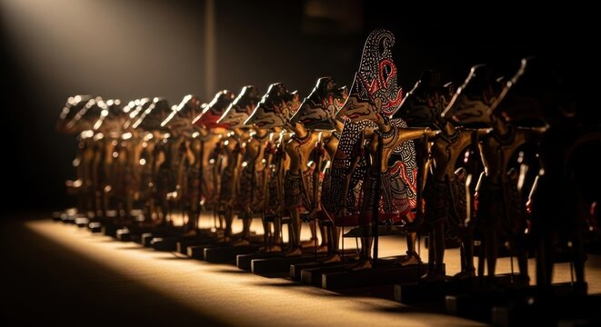 Row of Indonesian Wayang Kulit shadow puppets exhibit traditional culture art.  Traditional Javanese shadow puppets are leather figures, art, culture, and Indonesian heritage.