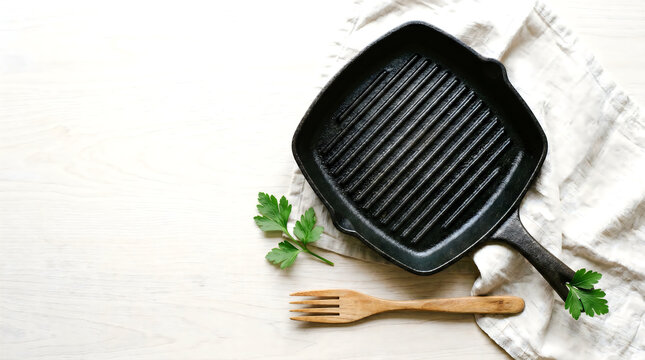 Black Cast Iron Grill Pan with Fresh Parsley and Wooden Fork for Restaurant Menu and Healthy Cooking Website Header