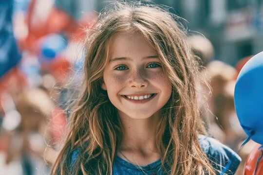 Joyful young girl with freckles and blue eyes smiling brightly at a festive outdoor event with balloons.