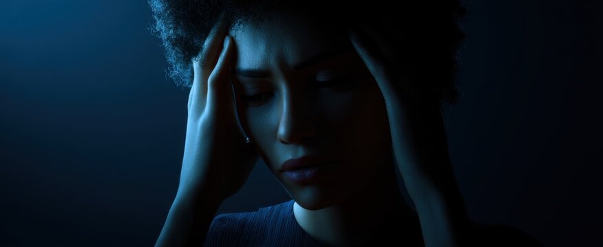 woman holding her head in anguish in a dark portrait expressing intense emotion and distress
