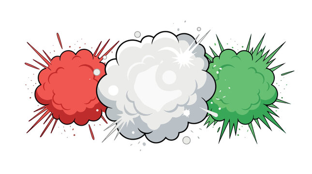 Explosions of red, white, and green powder burst against a solid white background, featuring dynamic dust clouds, fine particles, and vibrant pigment splashes in a vector style.