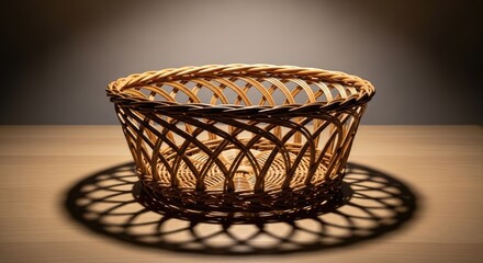 Fototapeta premium Artistic Woven Basket with Shadow on Wooden Surface.