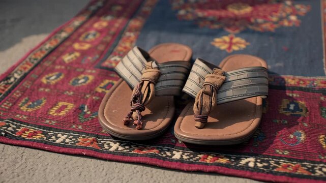 Traditional Indian leather sandals resting on a decorative rug outdoors
