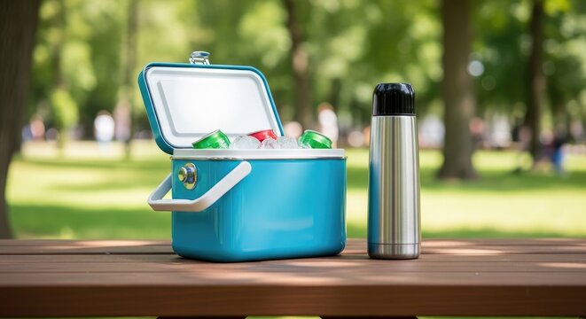 Blue Cooler and Stainless Steel Bottle on Picnic Table in Park.