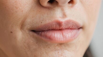 Fototapeta premium Close-up on woman mouth area showing smile lines, wrinkles, uneven skin tone, and age spots. Focus on perioral wrinkles and lip texture, skin aging details.