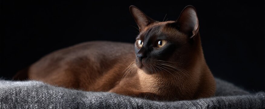 A Burmese cat with glossy sable fur relaxes blissfully on a cozy gray throw.