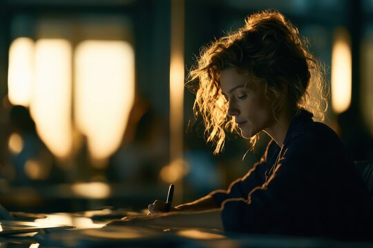 Focused woman with curly hair writing in a dimly lit office with warm backlighting, concentrating on her work.