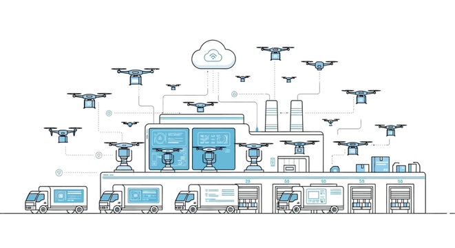 Illustration of a futuristic industrial facility with drones and robots connected to a cloud server in a blue and white color scheme.