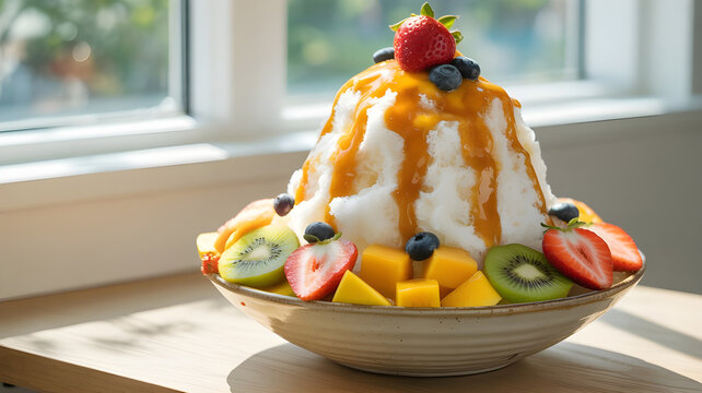 korean bingsu shaved ice dessert with fruits, condensed milk drizzle, colorful toppings, bright summer lighting